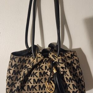 Michael Kors Black and Tan Monogram Shoulder Bag